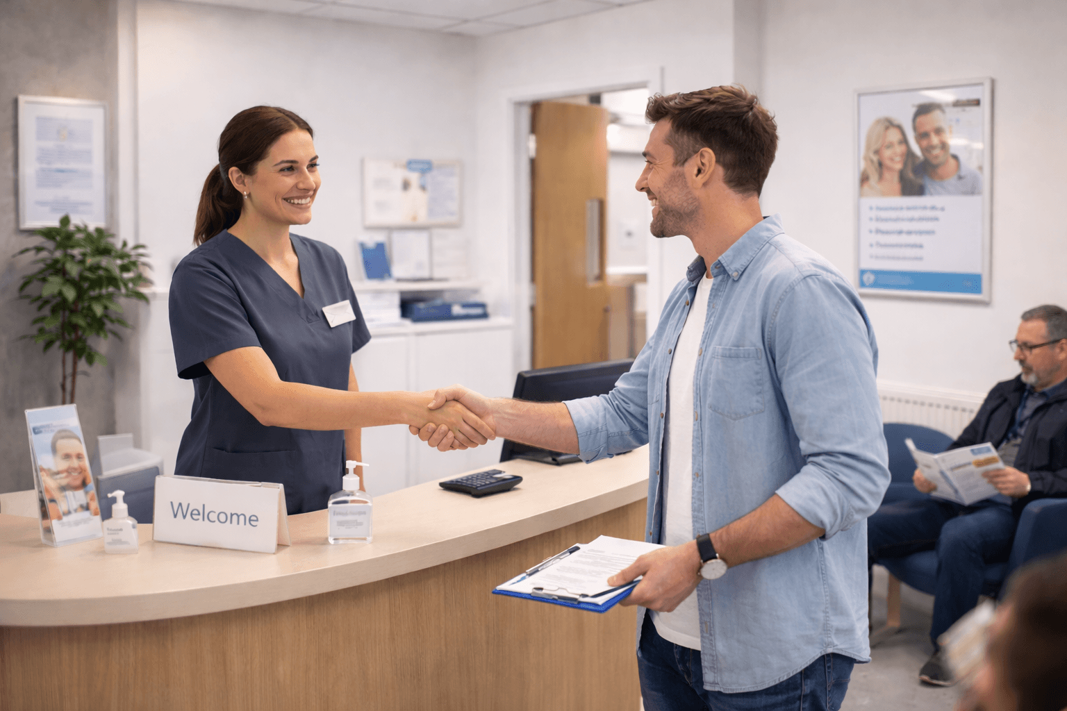 Dental practice reception welcoming new patients