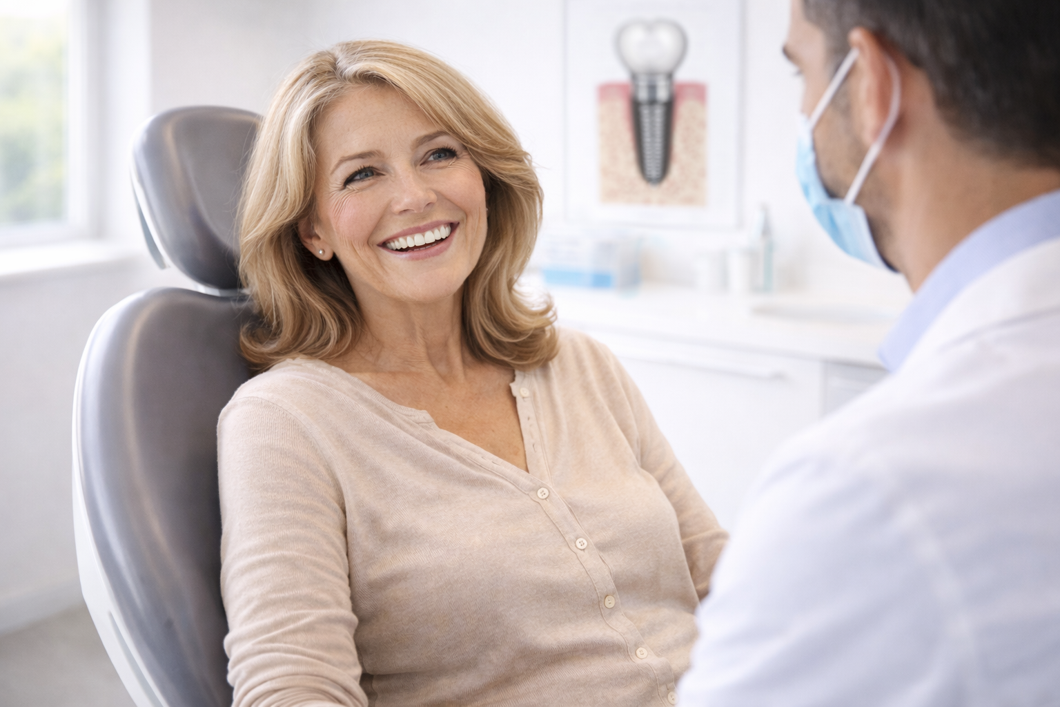 Dental implant model showing titanium post, abutment and crown